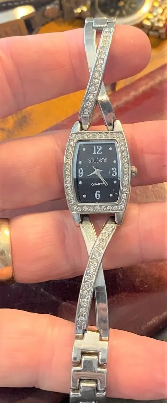 Women's Studio Time Watch, Silver Tone with Crystal Accents and Black Face